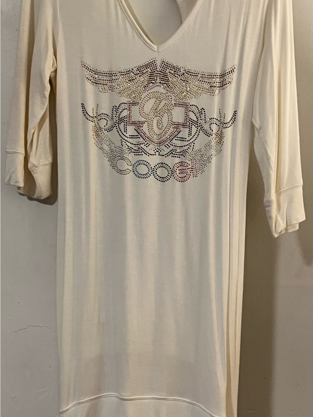 COOGI Cream Backless V-Neck Dress with Rhinestone Crest